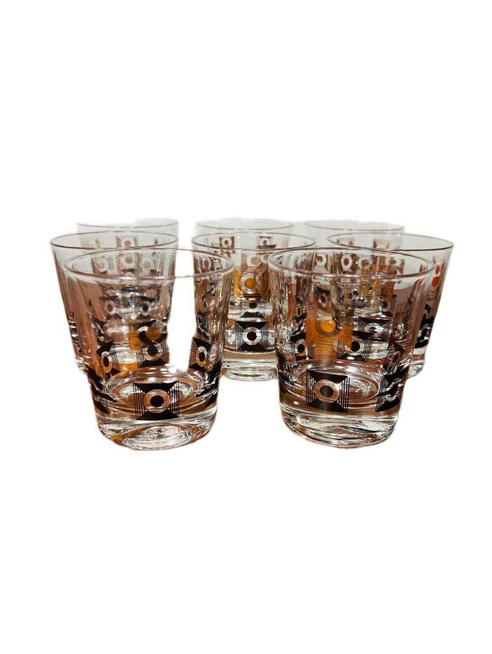 Mid Century Barware 8 Low Ball Glasses Black And Gold